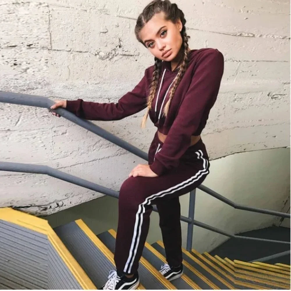 SHEIN Womens Burgundy Crop Top Hoodie Sweatshirt and Sweatpants‎ Tracksuit Set L